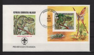 Madagascar (1993) FDC - Block Imperforated with Green Overprint / Chameleon