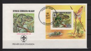 Madagascar (1993) FDC - Block with Green Overprint / Chameleon