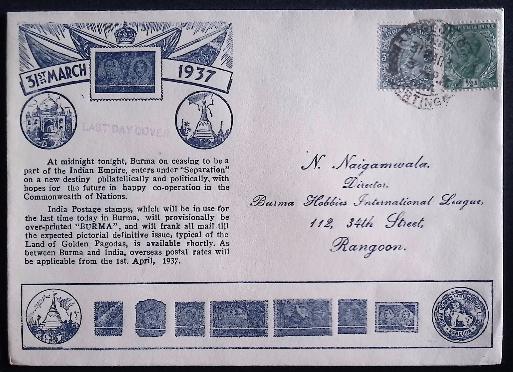 India (1937) Last Day Cover / Rangoon (Myanmar)
