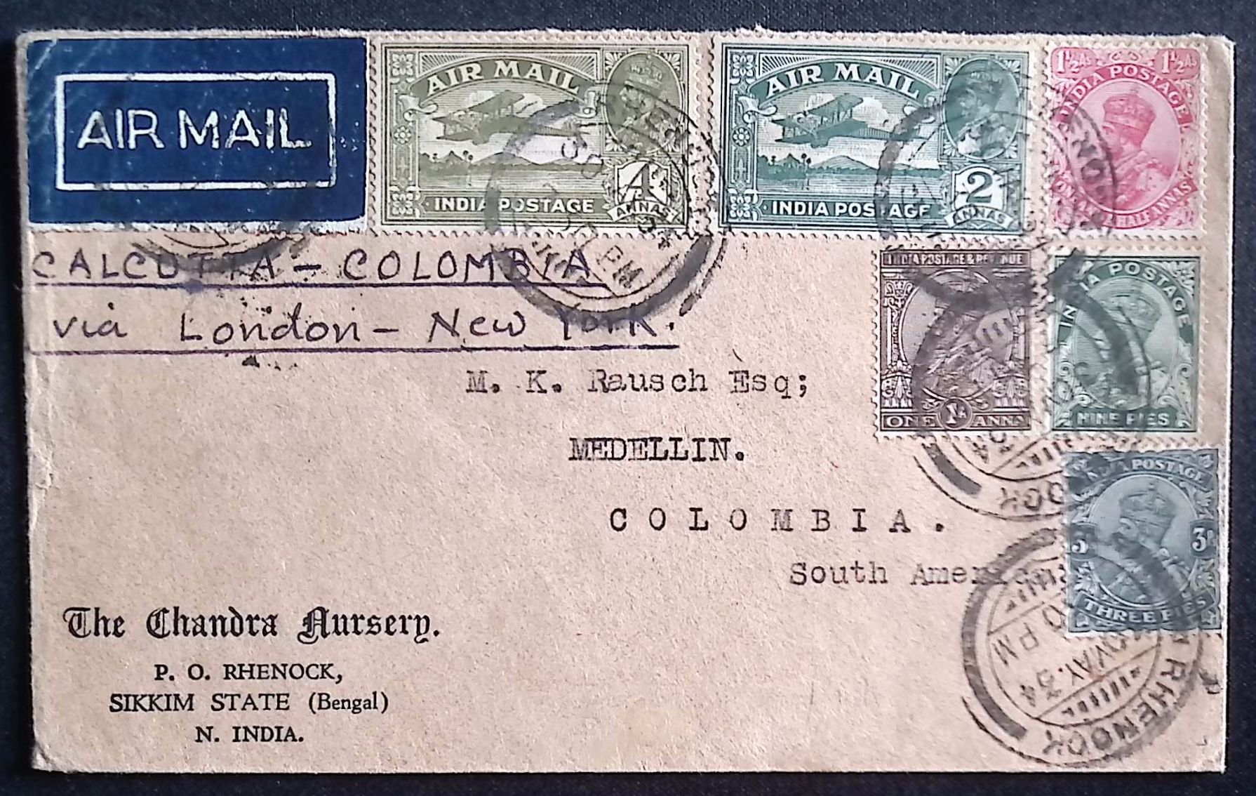 India (1934) Cover / Rhenock to Medellin (Colombia)