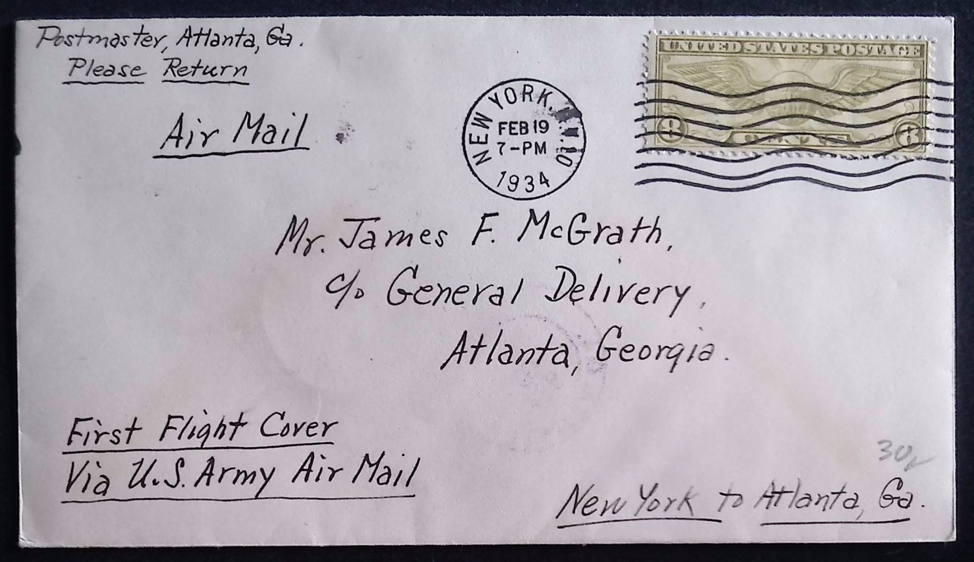 USA (1934) US Amy Airmail First Flight Cover / New York - Atlanta - New York