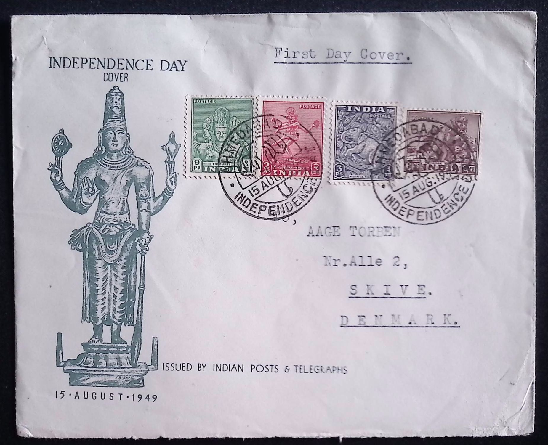 India (1949) FDC / Ahmedasad to Skive (Denmark)