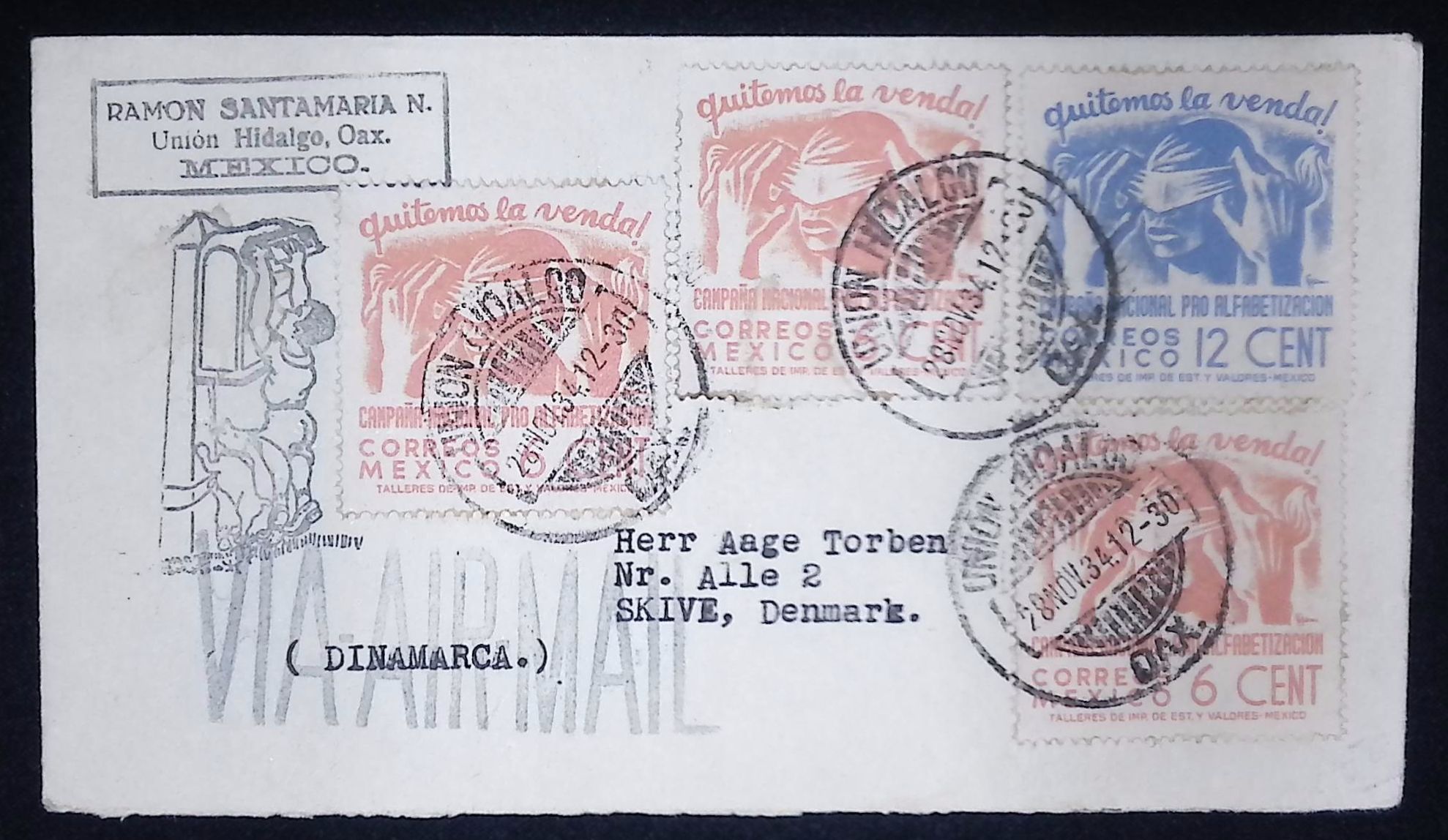 Mexico (1945) Cover / Union Hidalgo to Skive (Denmark) - Postmark Error