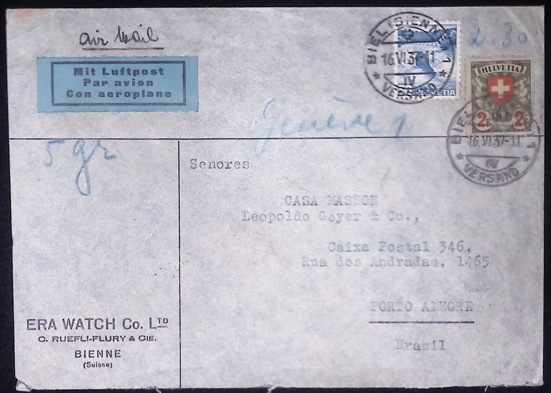 Switzerland (1937) Cover / Bienne to Porto Alegre (Brazil)
