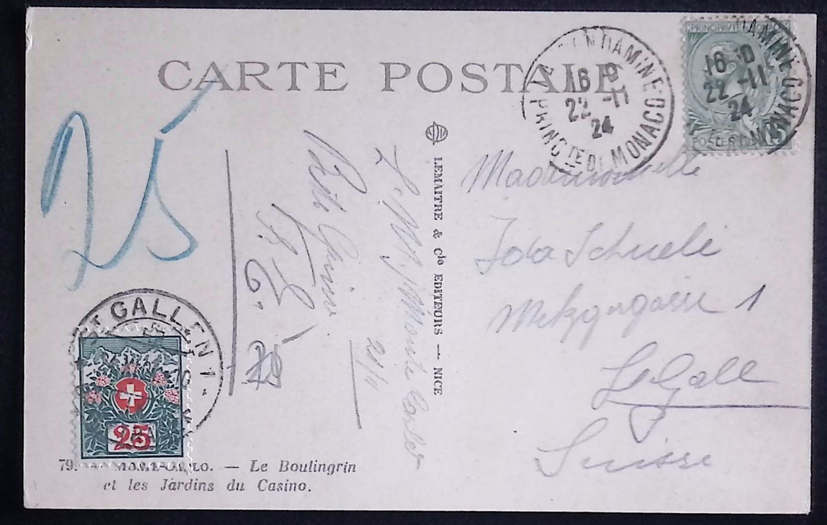 Monaco (1924) Postcard / to Le Gall (Switzerland)