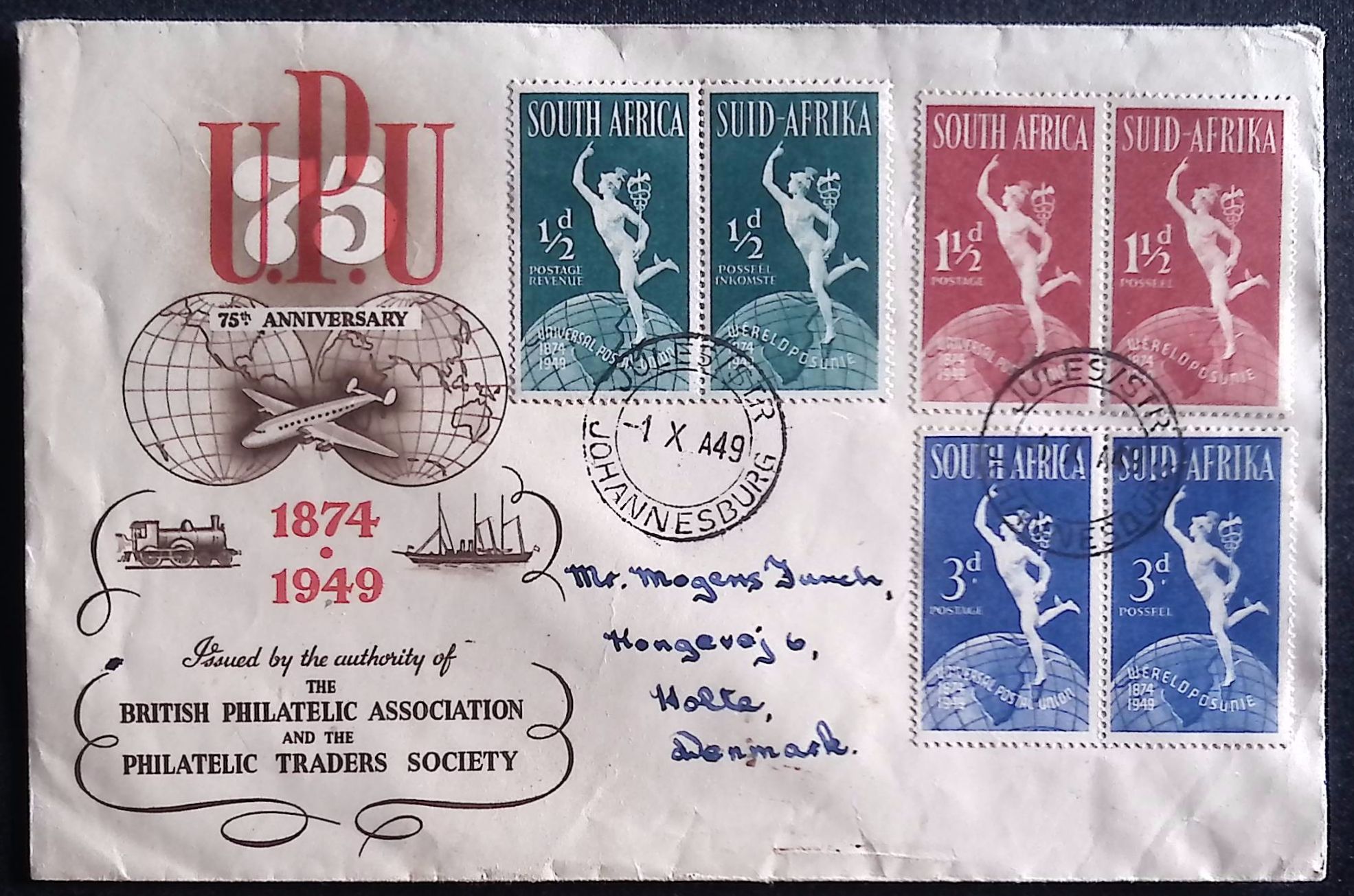 South Africa (1949) Cover / Johannesburg to Holte (Denmark)